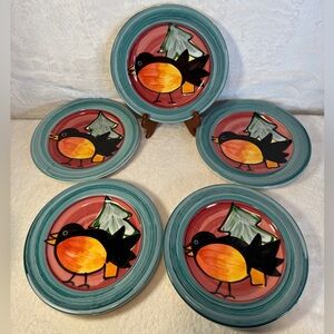 Set of 5 Partridge Bird Pine Tree Italian Vietri 8 5/8" Teal Salad Plates
